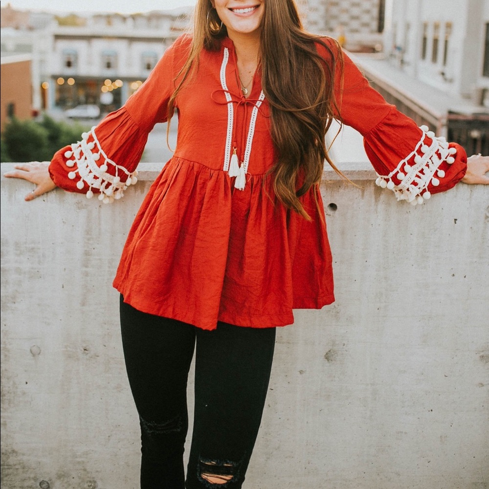 Red pom Pom sleeves shirt long sleeve